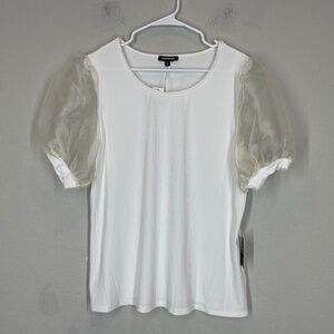 Express Top Women's XL White Sheer Puff Sleeve Pullover Stretch Casual